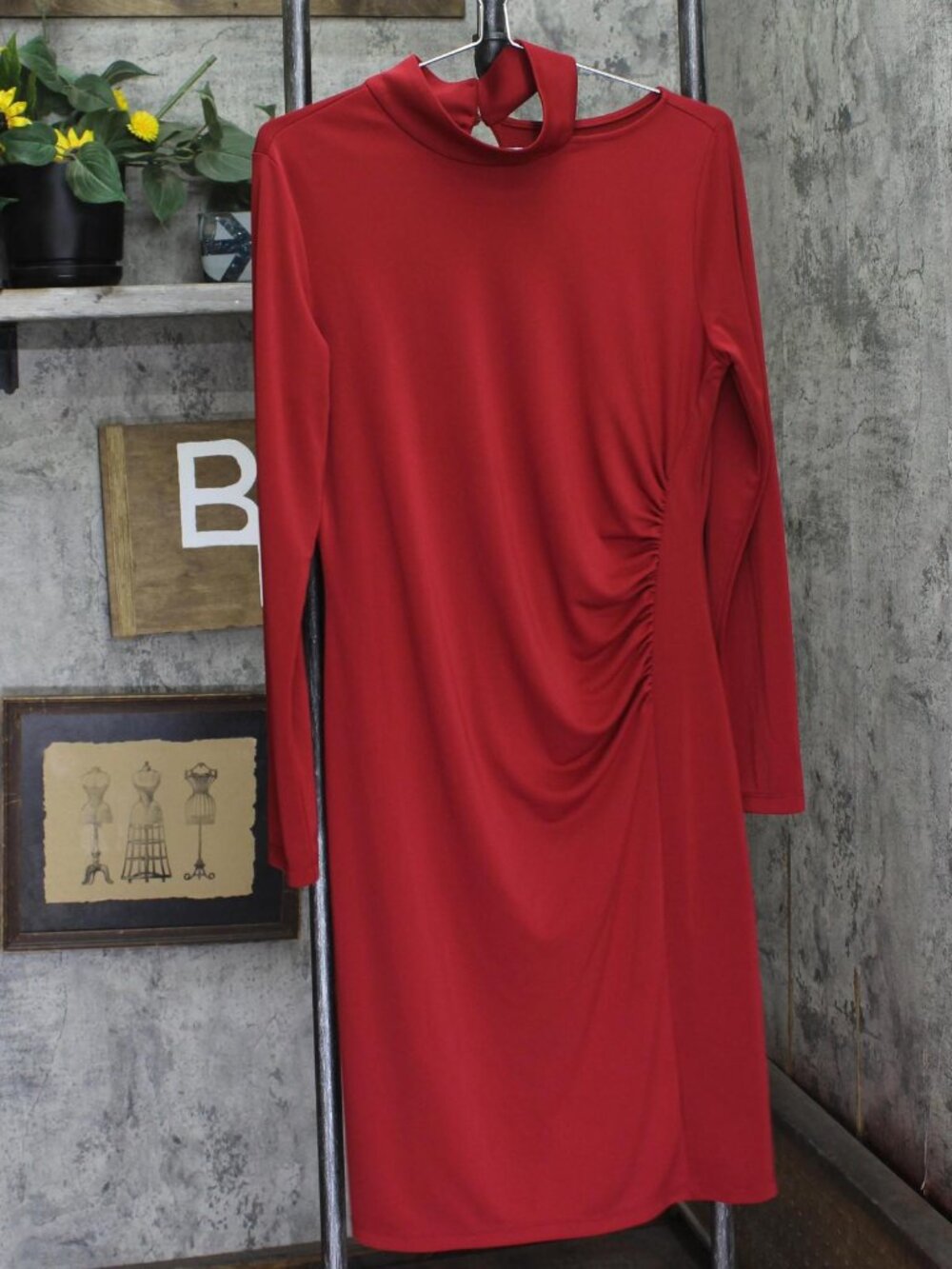Susan Graver Premier Knit Mock Neck Cold Shoulder Dress Dark Cranberry Red M
